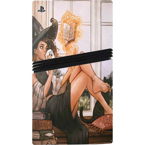 Cozy Autumn Library Witch with Cat and Coffee by Ivy Dolamore PS5 Pro Console Skin