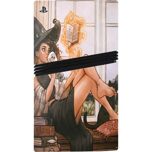 Cozy Autumn Library Witch with Cat and Coffee by Ivy Dolamore PS5 Pro Disk Console Skin