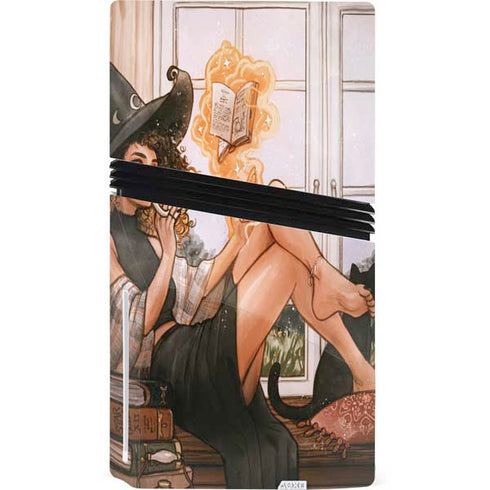 Cozy Autumn Library Witch with Cat and Coffee by Ivy Dolamore PS5 Pro Disk Console Skin
