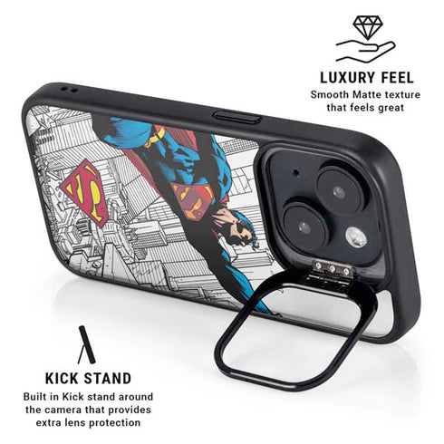 DC Comics Superman Flying Over City Pose iPhone 15 Plus Kickstand Case