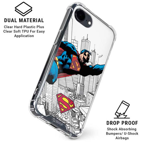 DC Comics Superman Flying Over City Pose iPhone 16e Clear Case