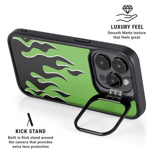 Green Flames iPhone 15 Pro Kickstand Case
