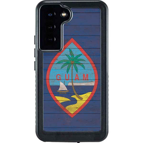 Guam Flag Dark Wood Galaxy S24 Plus Waterproof Case