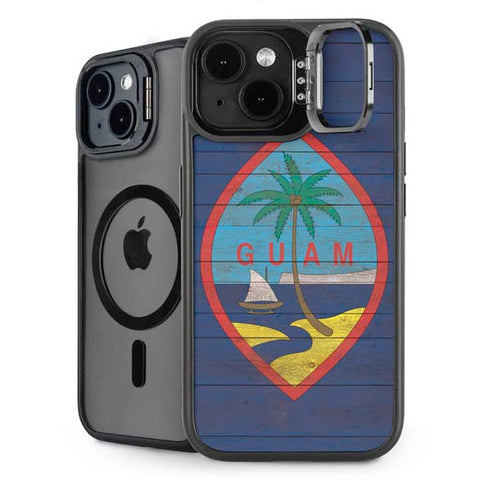 Guam Flag Dark Wood iPhone 15 Plus Kickstand Case