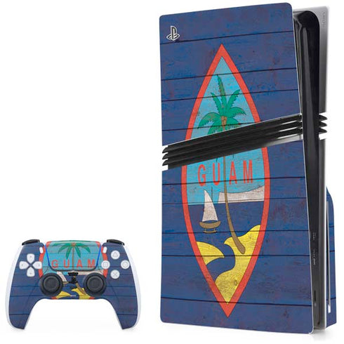 Guam Flag Dark Wood PS5 Pro Disk Bundle Skin