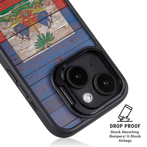 Haiti Flag Dark Wood iPhone 14 Kickstand Case