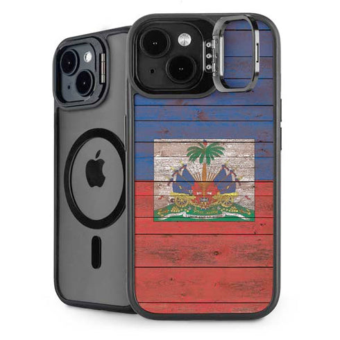 Haiti Flag Dark Wood iPhone 14 Plus Kickstand Case