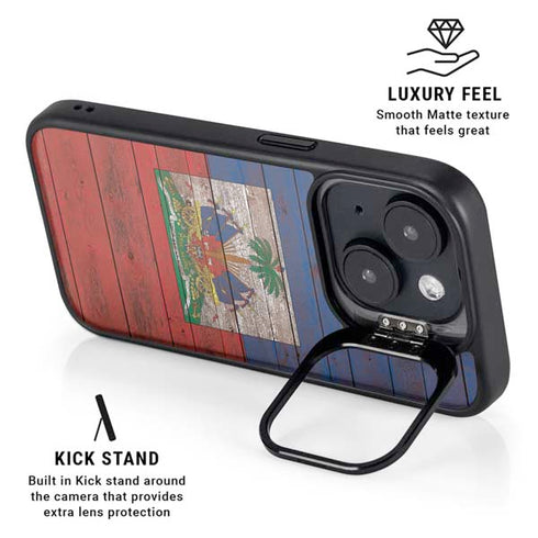 Haiti Flag Dark Wood iPhone 15 Kickstand Case
