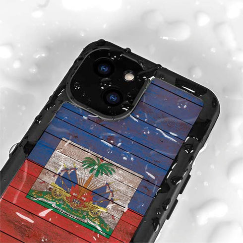 Haiti Flag Dark Wood iPhone 15 Plus Waterproof Case