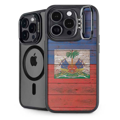 Haiti Flag Dark Wood iPhone 15 Pro Max Kickstand Case