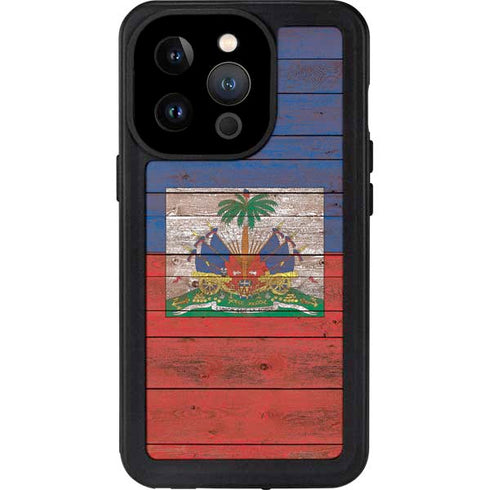 Haiti Flag Dark Wood iPhone 15 Pro Waterproof Case