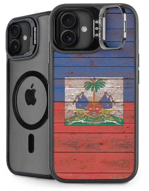 Haiti Flag Dark Wood iPhone 16 Plus Kickstand Case