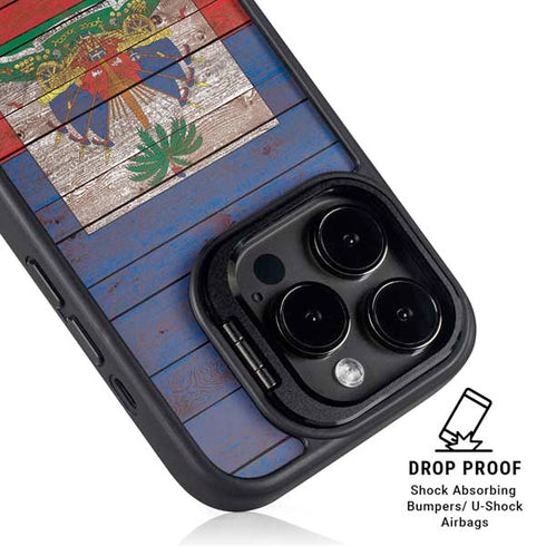 Haiti Flag Dark Wood iPhone 16 Pro Kickstand Case