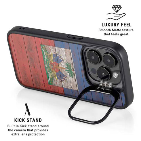 Haiti Flag Dark Wood iPhone 16 Pro Max Kickstand Case