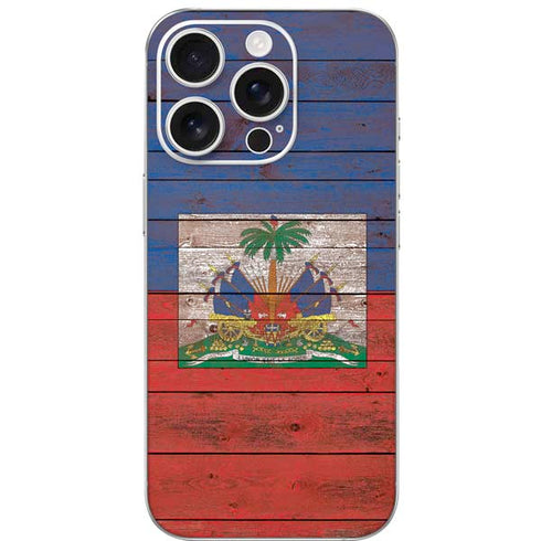 Haiti Flag Dark Wood iPhone 16 Pro Skin