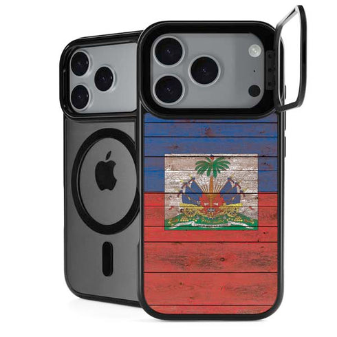 Haiti Flag Dark Wood iPhone 18 Pro Kickstand Case