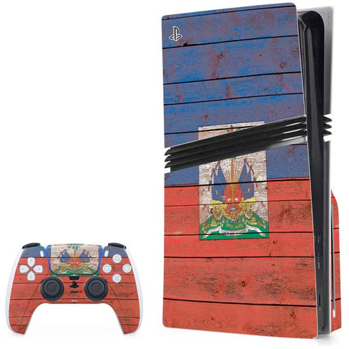 Haiti Flag Dark Wood PS5 Pro Disk Bundle Skin