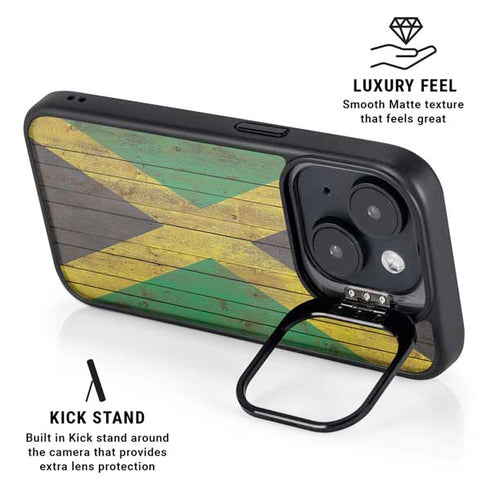 Jamaican Flag Dark Wood iPhone 15 Kickstand Case