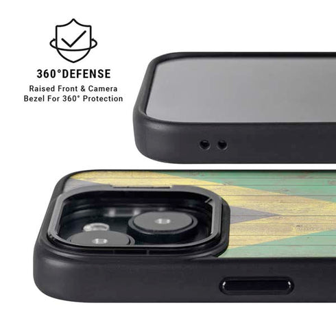 Jamaican Flag Dark Wood iPhone 15 Plus Kickstand Case