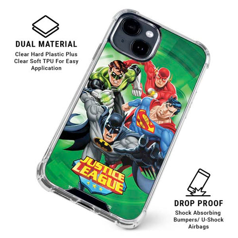 Justice League Team Power Up Green iPhone 15 Clear Case