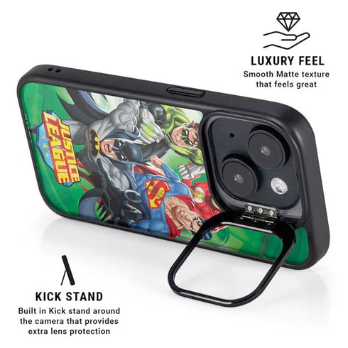 Justice League Team Power Up Green iPhone 15 Plus Kickstand Case