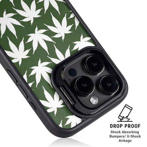Marijuana Leaf White Pattern iPhone 14 Pro Kickstand Case
