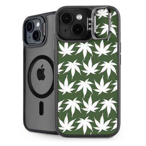 Marijuana Leaf White Pattern iPhone 15 Plus Kickstand Case