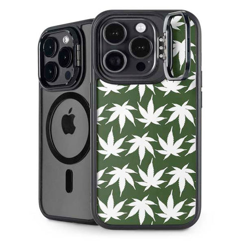 Marijuana Leaf White Pattern iPhone 15 Pro Kickstand Case