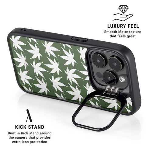 Marijuana Leaf White Pattern iPhone 15 Pro Kickstand Case