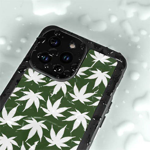 Marijuana Leaf White Pattern iPhone 15 Pro Waterproof Case