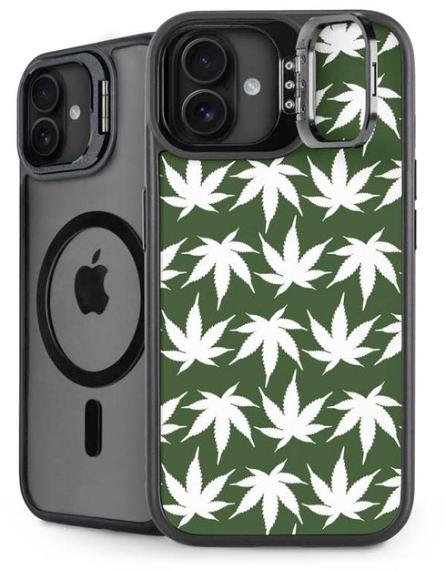Marijuana Leaf White Pattern iPhone 16 Plus Kickstand Case