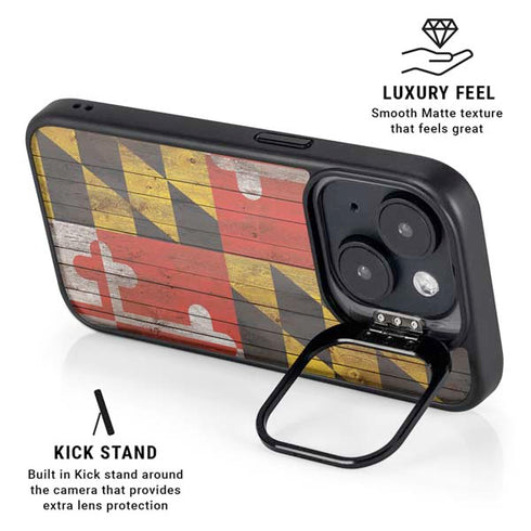 Maryland Flag Dark Wood iPhone 14 Plus Kickstand Case