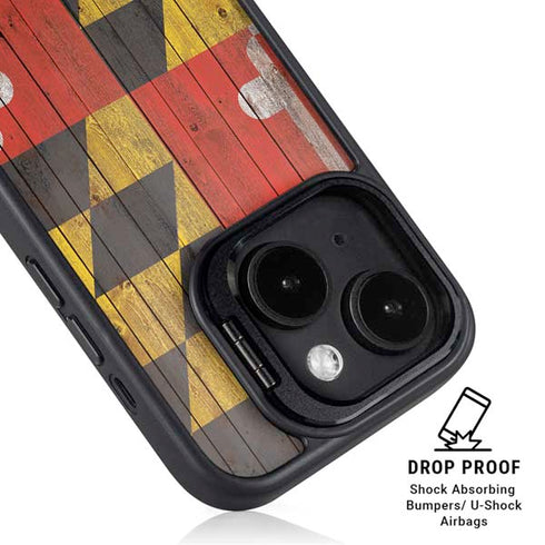 Maryland Flag Dark Wood iPhone 14 Plus Kickstand Case