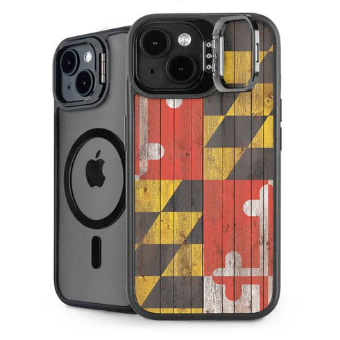 Maryland Flag Dark Wood iPhone 15 Kickstand Case