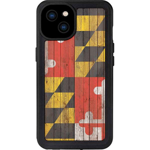 Maryland Flag Dark Wood iPhone 15 Plus Waterproof Case