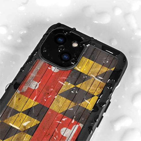 Maryland Flag Dark Wood iPhone 15 Plus Waterproof Case