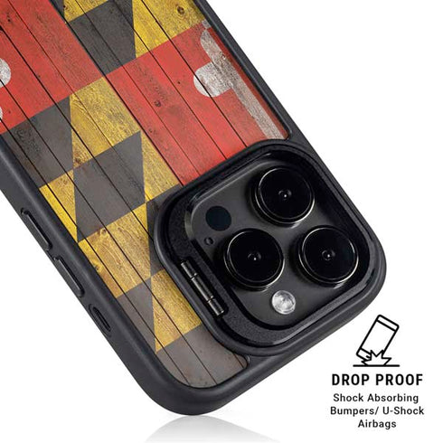 Maryland Flag Dark Wood iPhone 15 Pro Kickstand Case