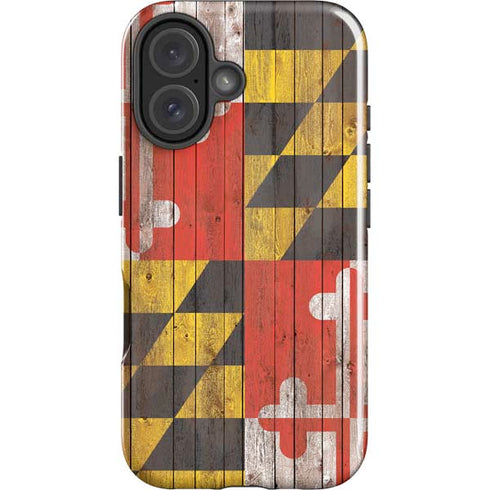 Maryland Flag Dark Wood iPhone 16 Plus Impact Case