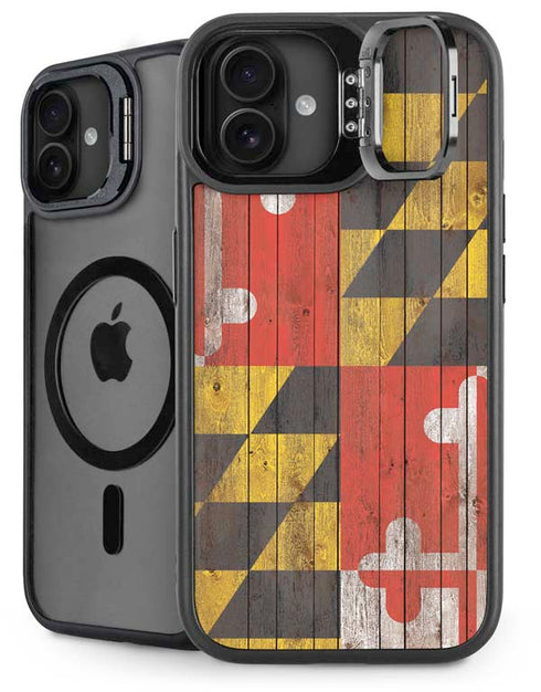 Maryland Flag Dark Wood iPhone 16 Plus Kickstand Case