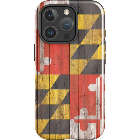 Maryland Flag Dark Wood iPhone 16 Pro Max Impact Case