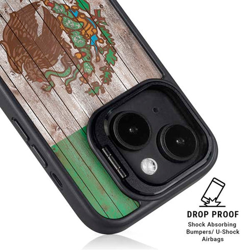 Mexican Flag Dark Wood iPhone 15 Kickstand Case