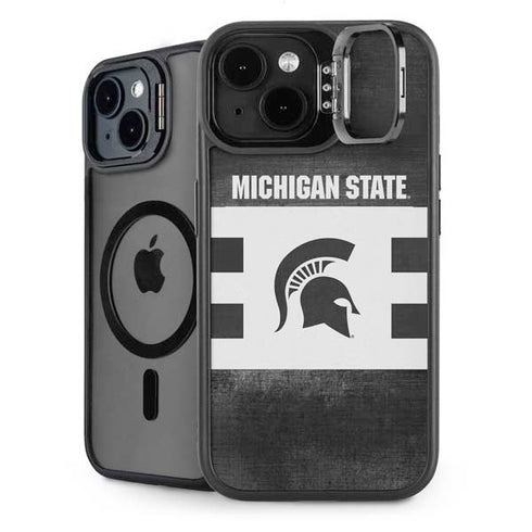 Michigan State University Black and White Stripes iPhone 15 Plus Kickstand Case