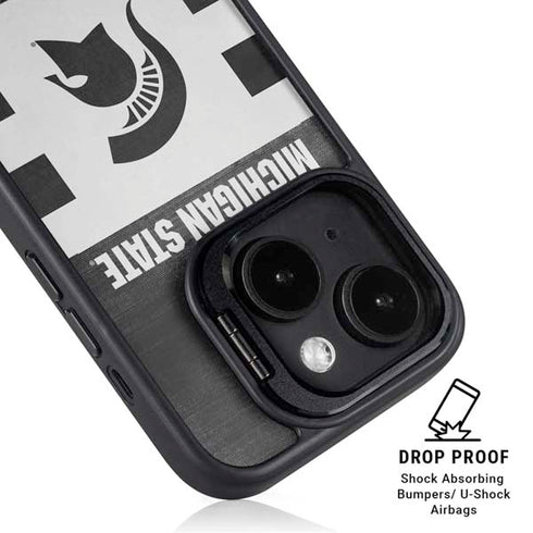 Michigan State University Black and White Stripes iPhone 15 Plus Kickstand Case