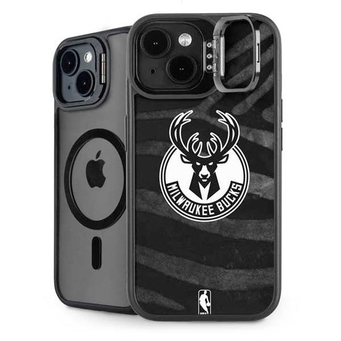 NBA Milwaukee Bucks Animal Print Black iPhone 15 Plus Kickstand Case