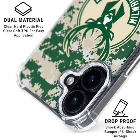 NBA Milwaukee Bucks Camo Digi iPhone 16 Plus Clear Case
