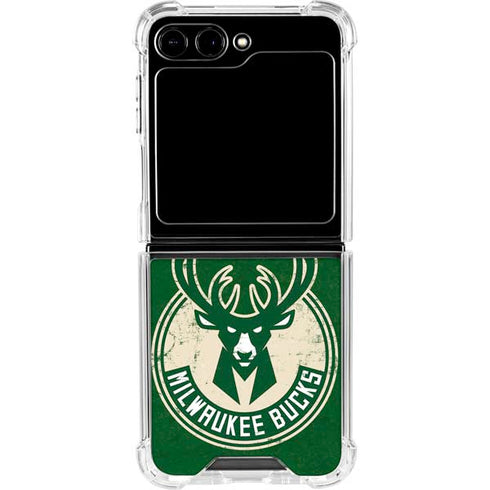 NBA Milwaukee Bucks Green Distressed Galaxy Z Flip6 Clear Case