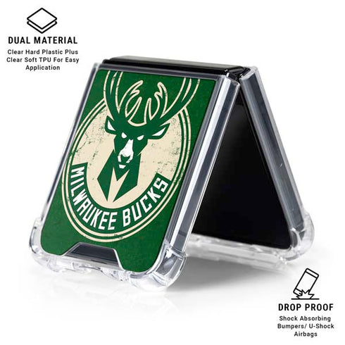 NBA Milwaukee Bucks Green Distressed Galaxy Z Flip6 Clear Case