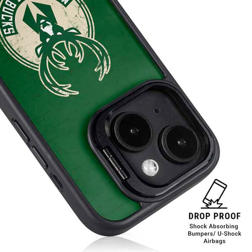 NBA Milwaukee Bucks Green Distressed iPhone 15 Plus Kickstand Case