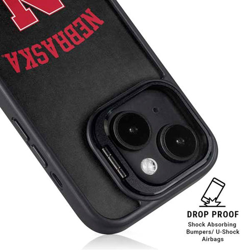 University of Nebraska Collegiate Text Black iPhone 15 Plus Kickstand Case