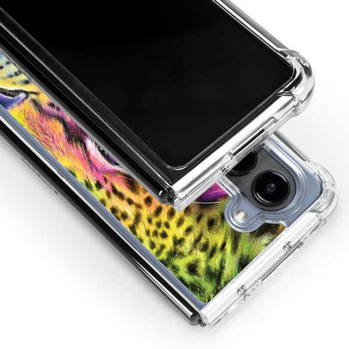 Neon Rainbow Cheetah with Rose by Sheena Pike Galaxy Z Fold5 5G Clear Case